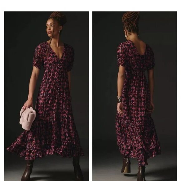 By Anthropologie V-Neck Printed Maxi Dress purple button front ruched size large - Picture 2 of 12